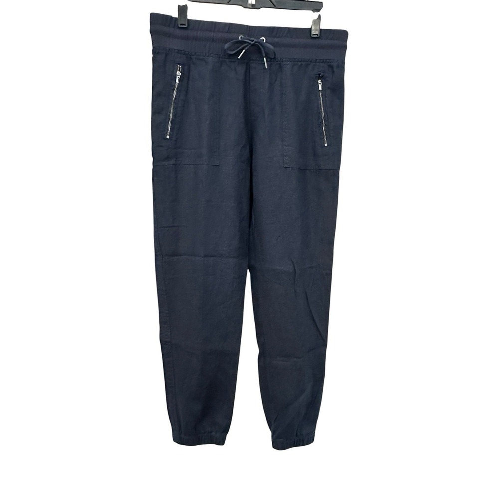 Athleta Joggers Womens Sz 10 100% Linen Jogger Elastic Waist Pockets Blue #YZ9-3
